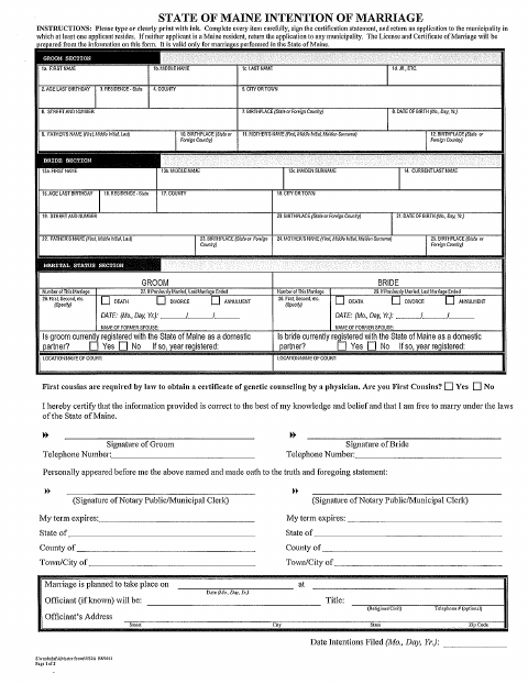 First page of the Intention of Marriage Form