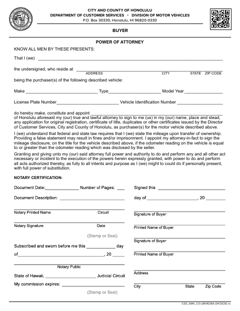 Buyer Power of Attorney CSD-DMV-CS-L(MVR)38A first page