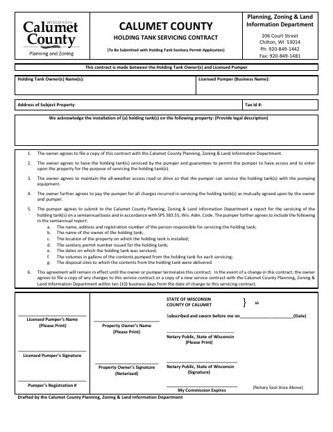 Holding Tank Servicing Contract, Calumet County form, first page