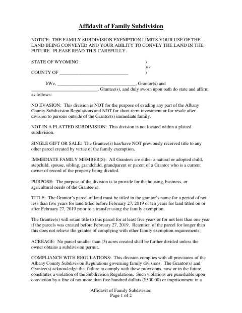 Affidavit of Family Subdivision, Albany County form, first page