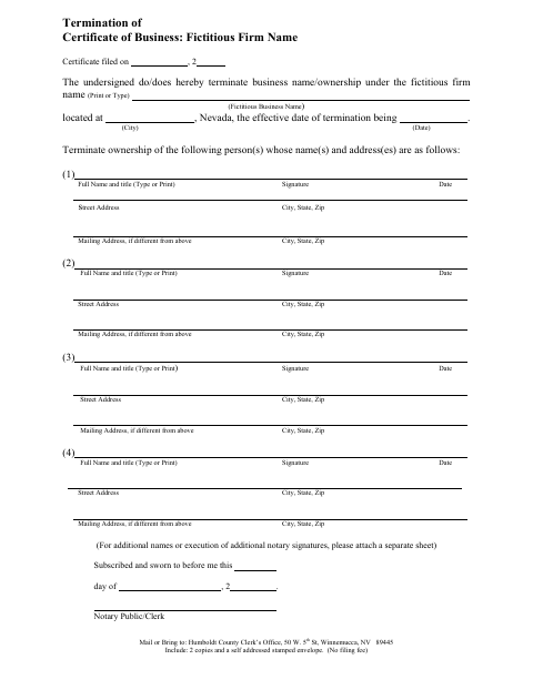 Termination of Certificate of Business: Fictitious Firm Name, Humboldt County form, first page