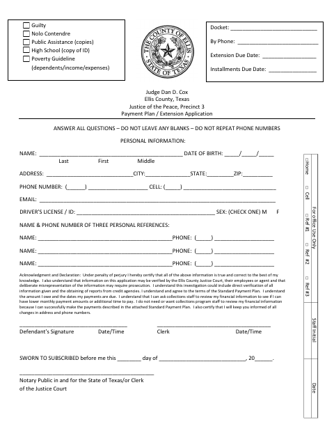Payment Plan / Extension Application, Ellis County form, first page