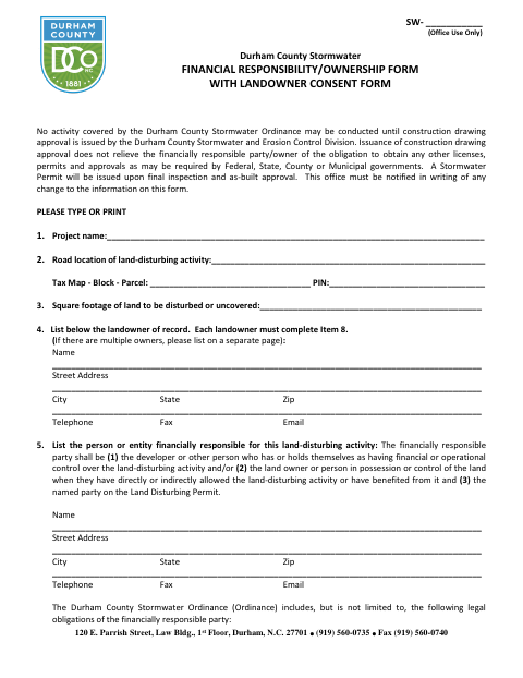 Financial Responsibility/Ownership Form With Landowner Consent Form, Durham County form, first page