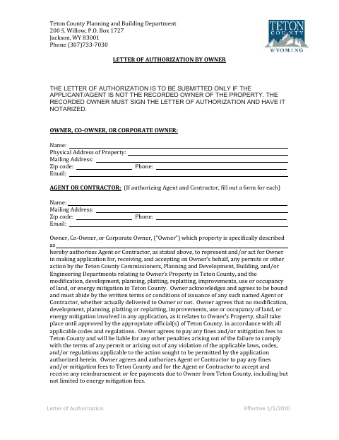 Owner Letter of Authorization, Teton County form, first page