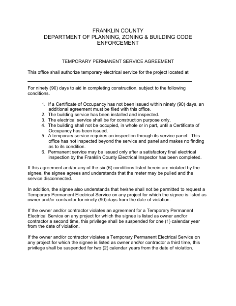 Temporary Permanent Service Agreement, Franklin County form, first page