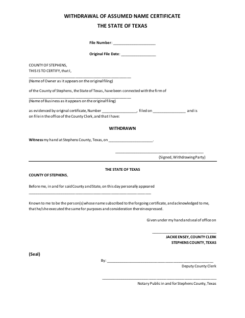 Withdrawal of Assumed Name Certificate, Stephens County form, first page