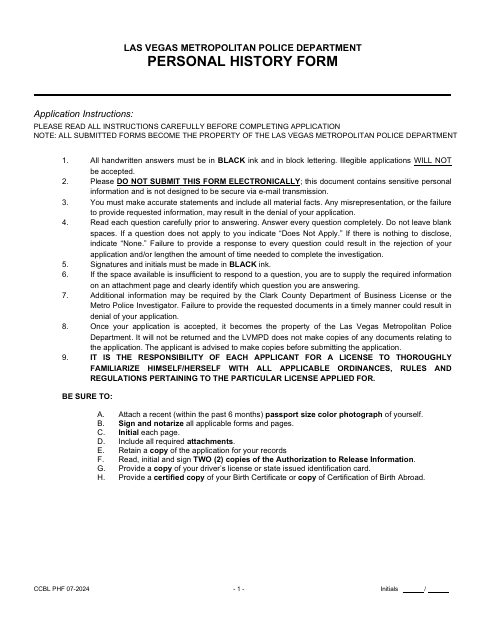 Personal History Form, Clark County form, first page