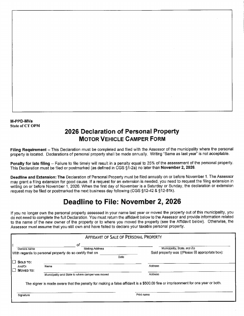 First page of the Motor Vehicle Camper Personal Property Declaration