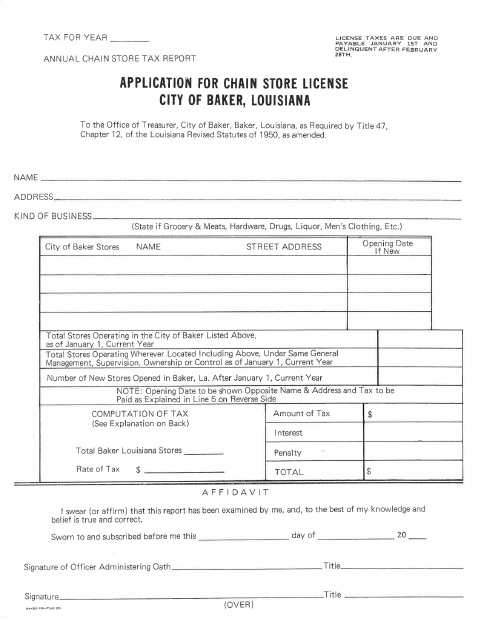 First page of the Chain Store License Application