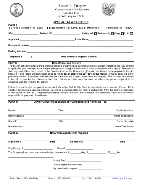 Food and Beverage, Lodging or Admissions Tax Application, City of Suffolk form, first page