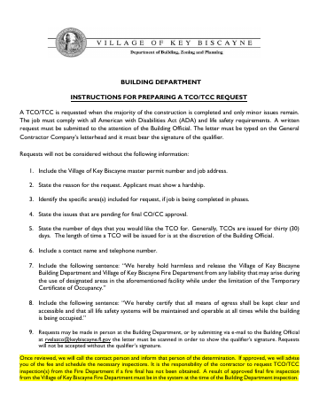 First page of the Temporary Certificate of Occupancy Request