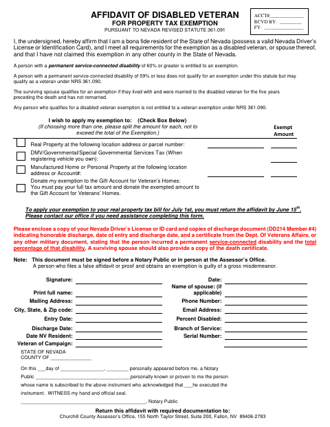 Affidavit of Disabled Veteran for Property Tax Exemption, Churchill County form, first page