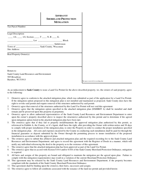 Shoreland Protection Mitigation Affidavit, Sauk County form, first page