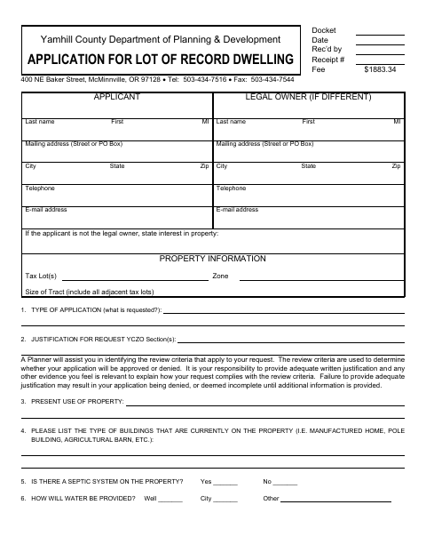 Lot of Record Dwelling Application, Yamhill County form, first page